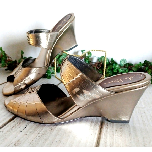 Cole Haan Open Toe Leather Straps Slide On Wedge Sandal - Gold Metallic - Picture 13 of 15